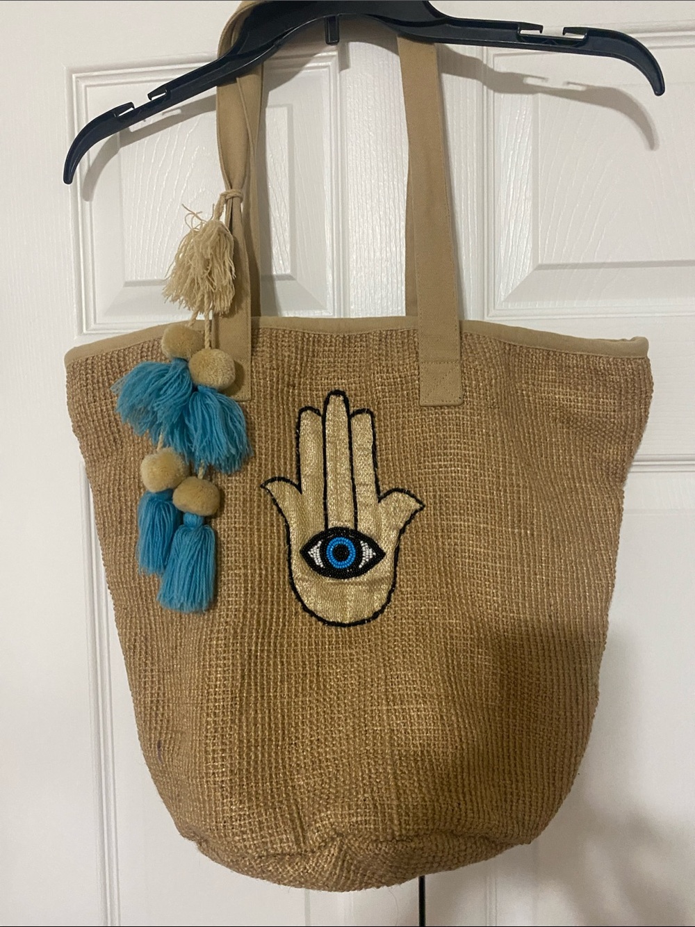 Tan Tote with Embroidered Hamsa and Blue Eye